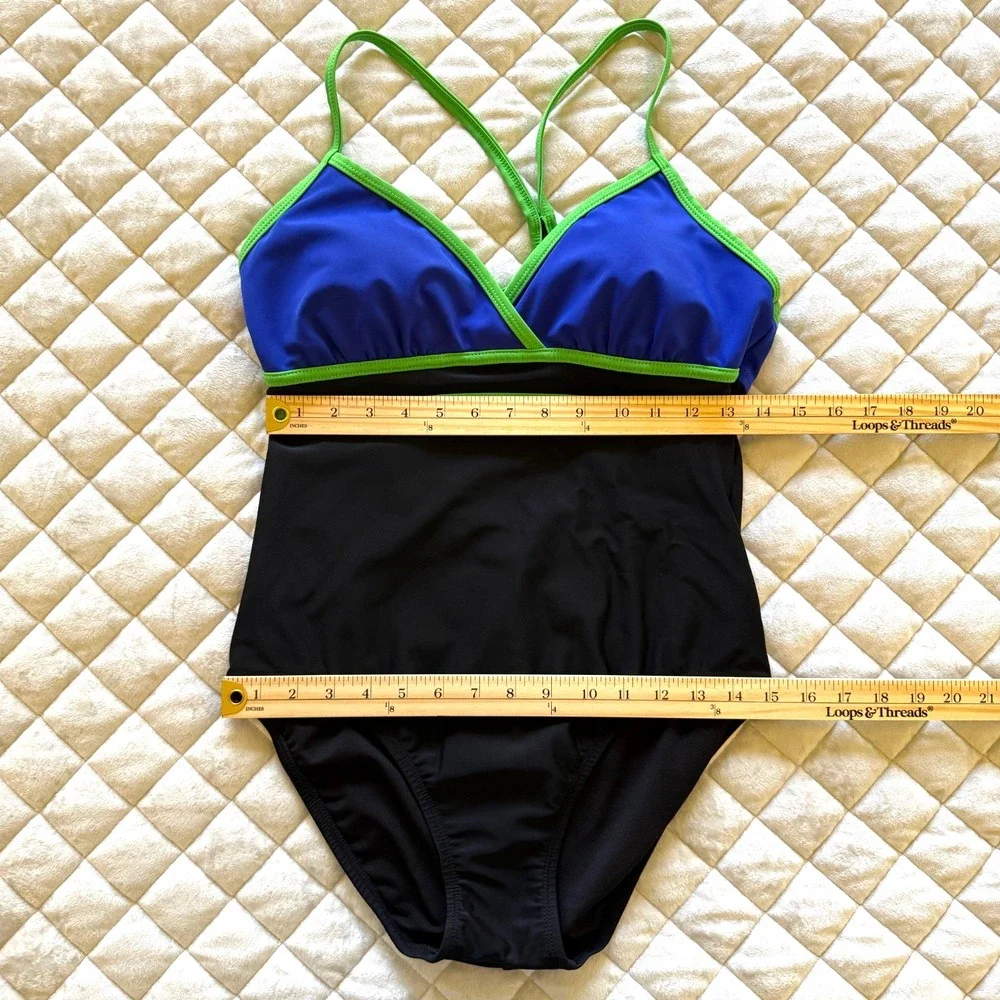 Catalina One Piece‎ Swimsuit L Black Blue Green Colorblock Strappy